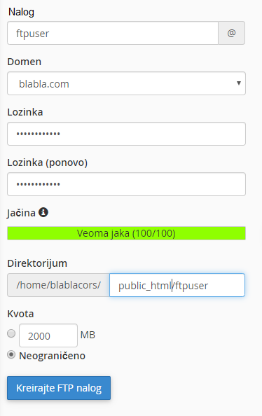 Kreiranje novog FTP naloga